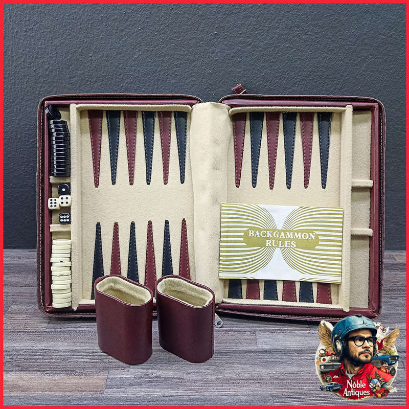 Vintage small travel backgammon game in faux leather zipper carrying case