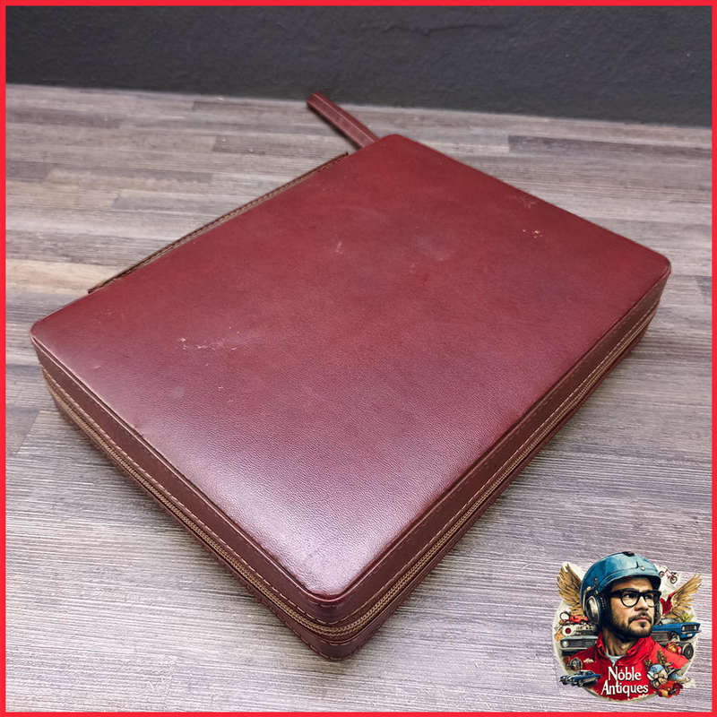 Vintage small travel backgammon game in faux leather zipper carrying case