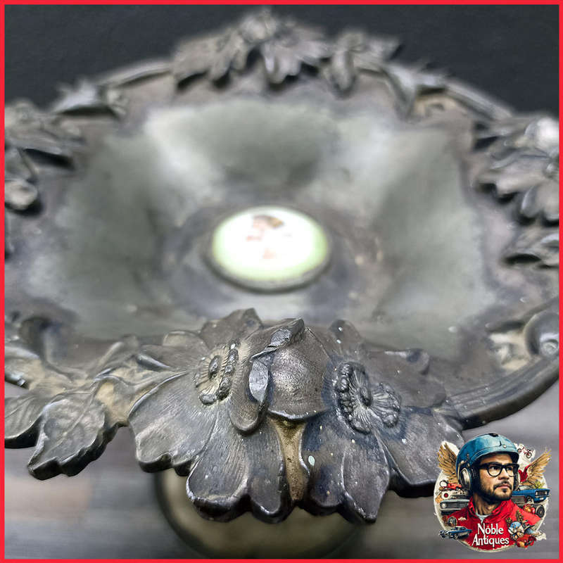 Antique Silver Metal Highly Decorative Pedestal Bowl With Miniature Porcelain Painting