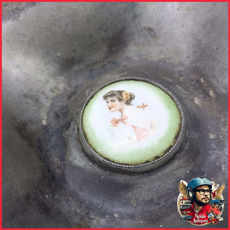 Antique Silver Metal Highly Decorative Pedestal Bowl With Miniature Porcelain Painting