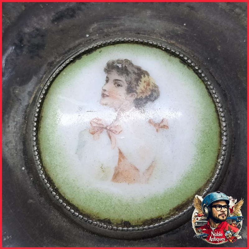 Antique Silver Metal Highly Decorative Pedestal Bowl With Miniature Porcelain Painting