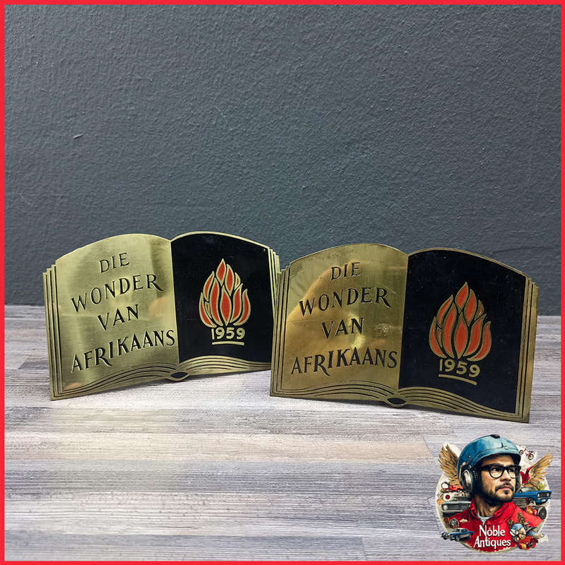 Vintage Brass and Enamel "Die Wonder van Afrikaans" Plaques