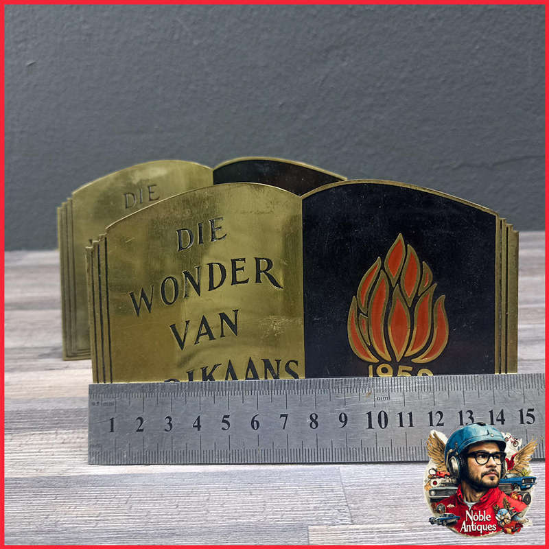 Vintage Brass and Enamel "Die Wonder van Afrikaans" Plaques