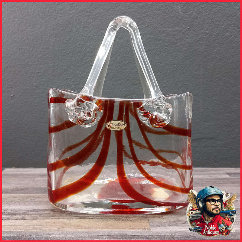 Large Hand Blown Orange Red Stripe Art Glass Purse