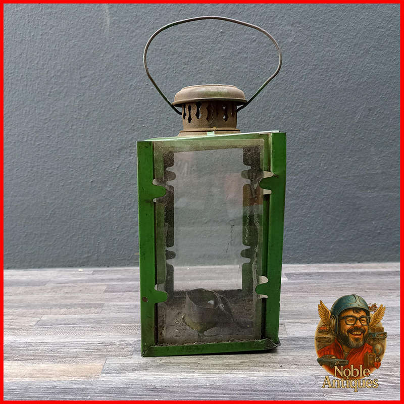 Vintage Hurricane Metal and Glass Candle Holder Lantern, Green