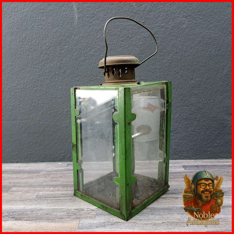 Vintage Hurricane Metal and Glass Candle Holder Lantern, Green