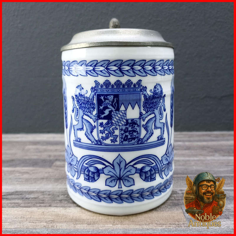 Vintage German Blue and White Bavarian coat of arms Beer Stein