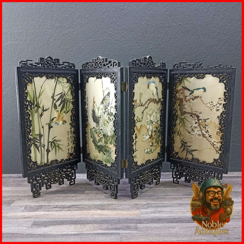 Vintage Oriental Chinese  Silk Painting 4 Accordion Folding Mini Divider