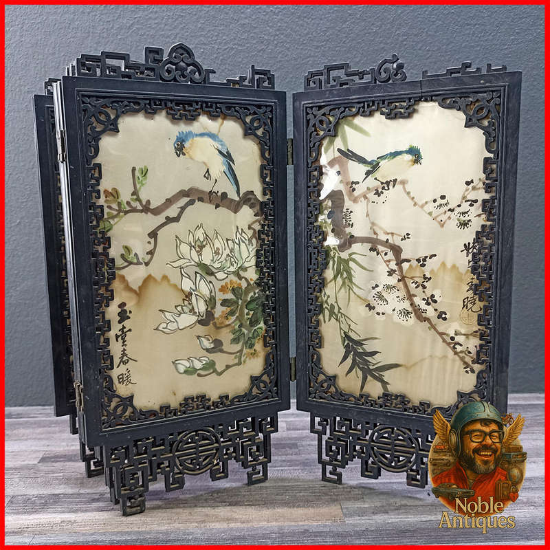 Vintage Oriental Chinese  Silk Painting 4 Accordion Folding Mini Divider