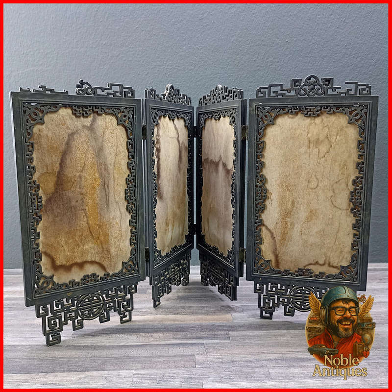 Vintage Oriental Chinese  Silk Painting 4 Accordion Folding Mini Divider