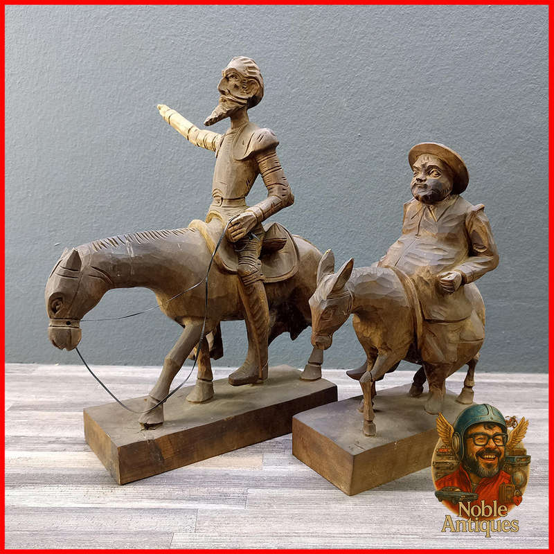Vintage, hand-carved wood figures, Don Quixote on his horse and Sancho Panza on his donkey