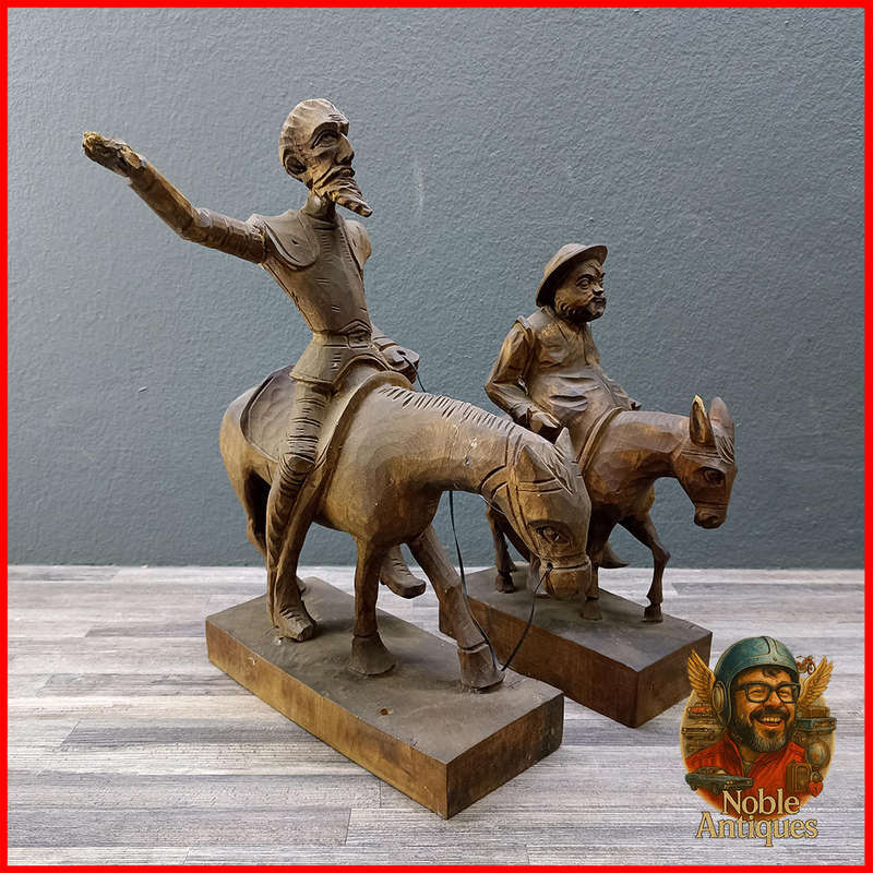 Vintage, hand-carved wood figures, Don Quixote on his horse and Sancho Panza on his donkey