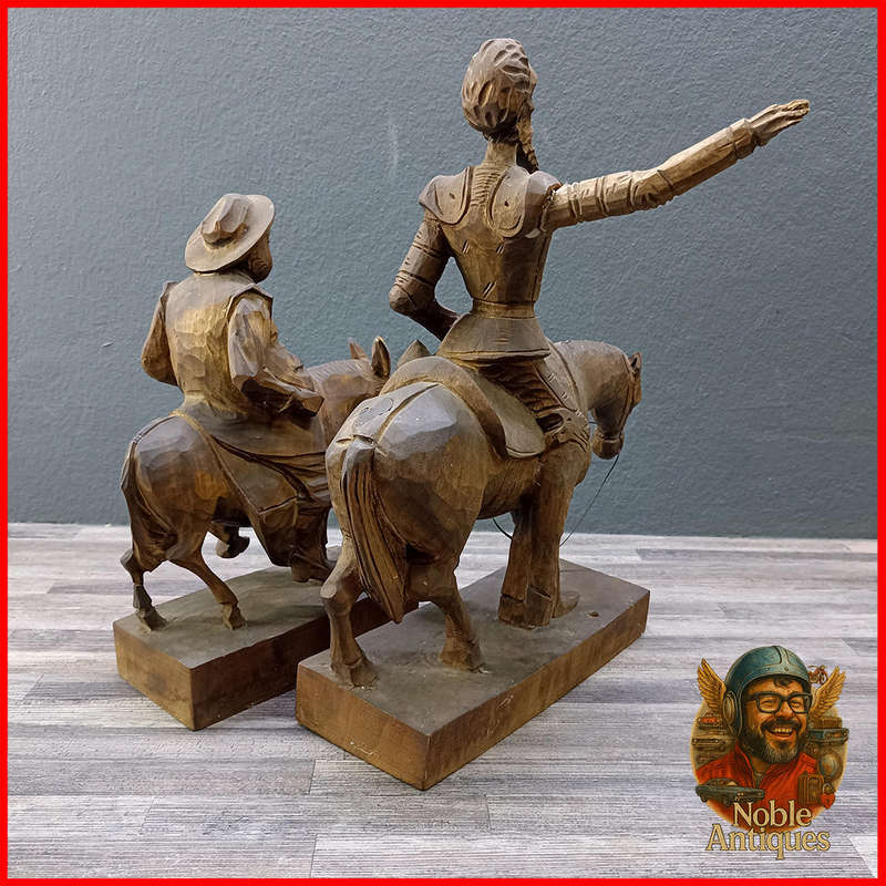 Vintage, hand-carved wood figures, Don Quixote on his horse and Sancho Panza on his donkey