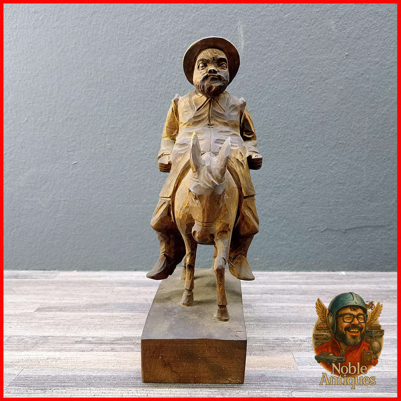 Vintage, hand-carved wood figures, Don Quixote on his horse and Sancho Panza on his donkey