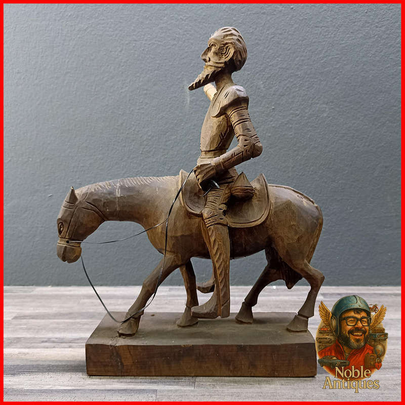 Vintage, hand-carved wood figures, Don Quixote on his horse and Sancho Panza on his donkey
