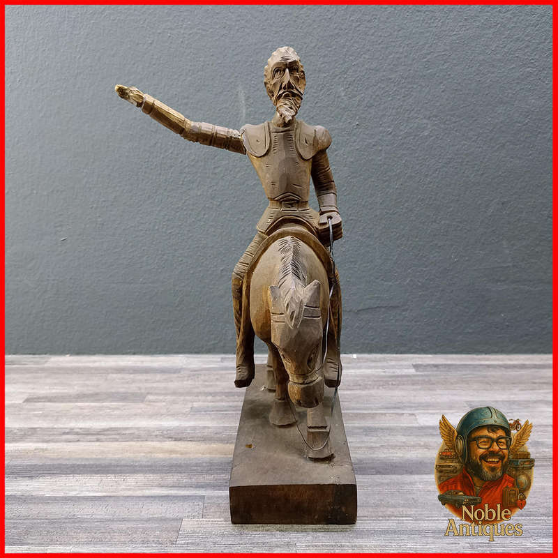 Vintage, hand-carved wood figures, Don Quixote on his horse and Sancho Panza on his donkey