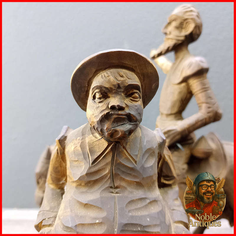 Vintage, hand-carved wood figures, Don Quixote on his horse and Sancho Panza on his donkey