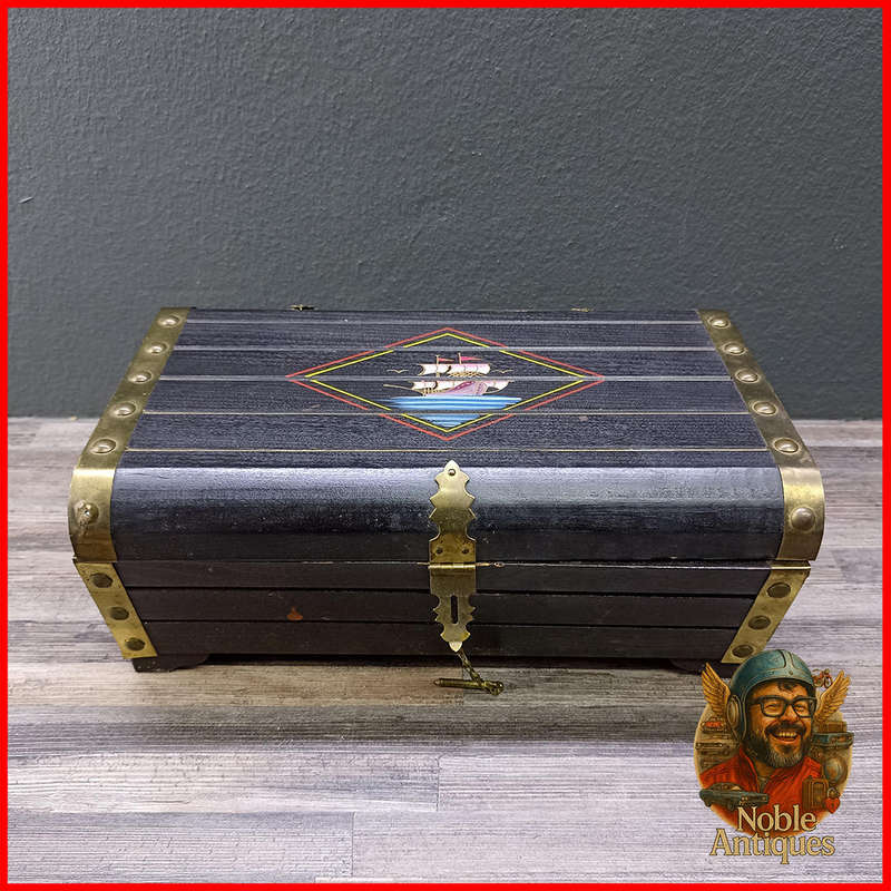 Vintage Treasure Chest Style Wood and Brass Jewelry Trinket Box