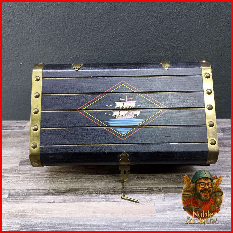 Vintage Treasure Chest Style Wood and Brass Jewelry Trinket Box