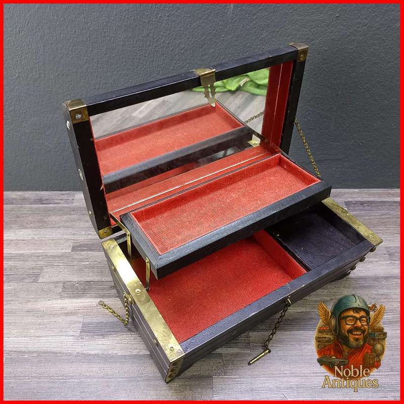 Vintage Treasure Chest Style Wood and Brass Jewelry Trinket Box