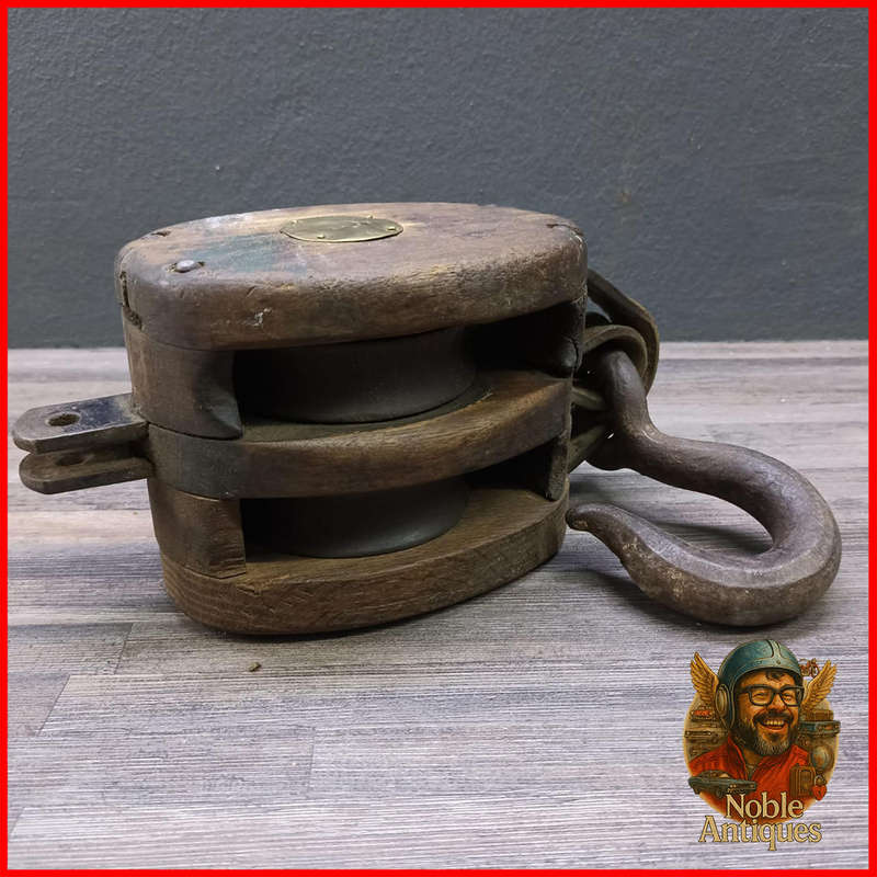 Large Antique Wood and Cast Iron Double Pulley Block and Tackle