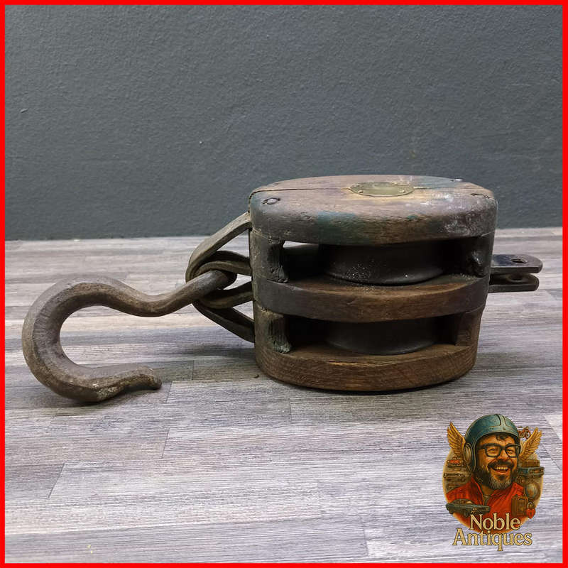 Large Antique Wood and Cast Iron Double Pulley Block and Tackle
