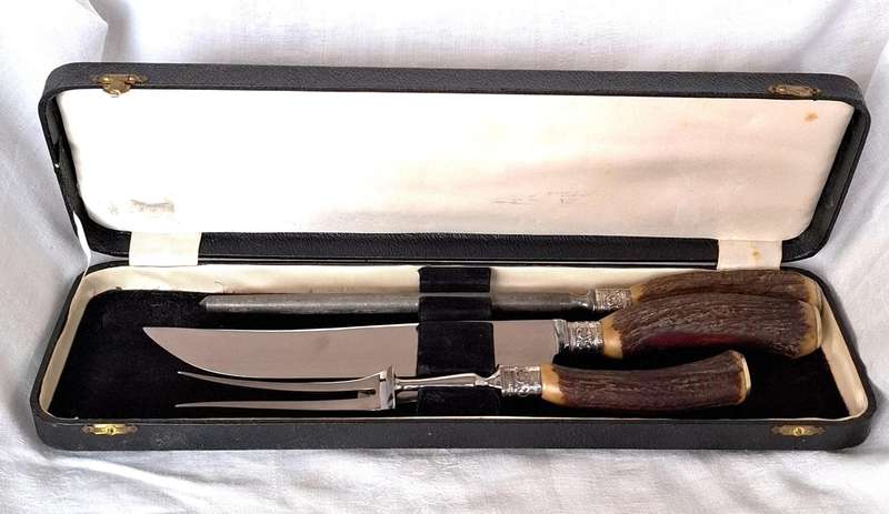 Antique Antler Carving Set - E. M. Dickinson Sheffield England (Sterling Silver Collars .925)
