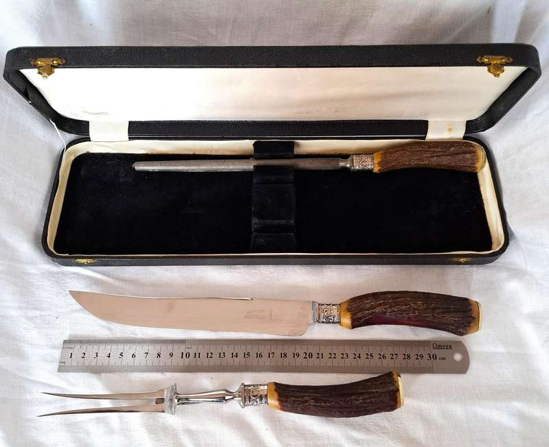 Antique Antler Carving Set - E. M. Dickinson Sheffield England (Sterling Silver Collars .925)