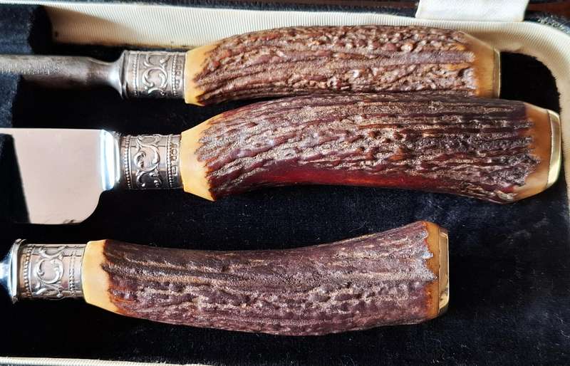 Antique Antler Carving Set - E. M. Dickinson Sheffield England (Sterling Silver Collars .925)