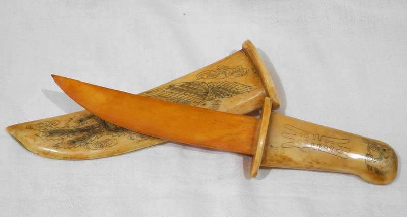 Asian Scrimshaw-Style Carved Dagger with Sheath