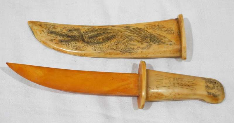 Asian Scrimshaw-Style Carved Dagger with Sheath