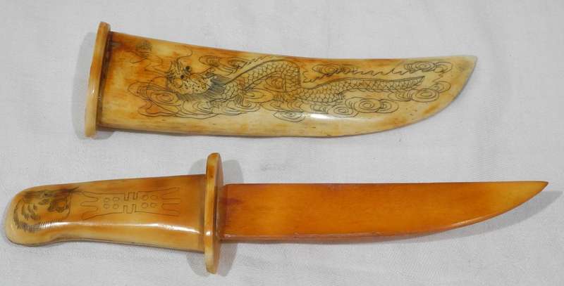 Asian Scrimshaw-Style Carved Dagger with Sheath