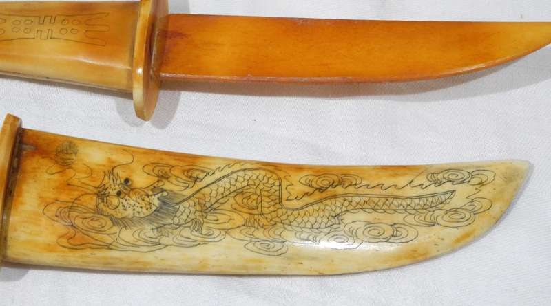 Asian Scrimshaw-Style Carved Dagger with Sheath
