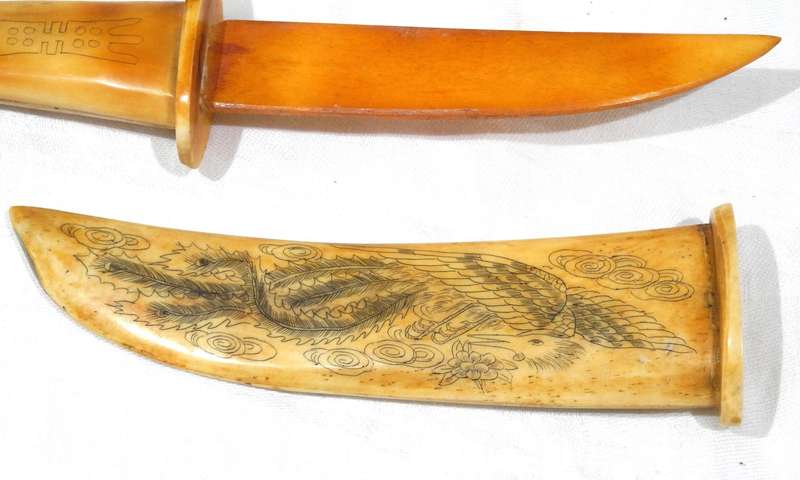 Asian Scrimshaw-Style Carved Dagger with Sheath