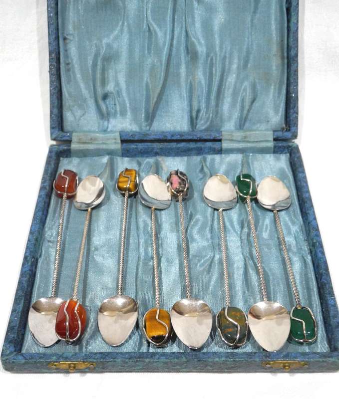 Silver Teaspoon Set With Polished Gemstone Handles
