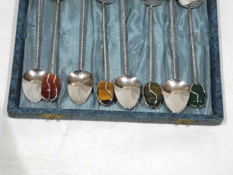 Silver Teaspoon Set With Polished Gemstone Handles
