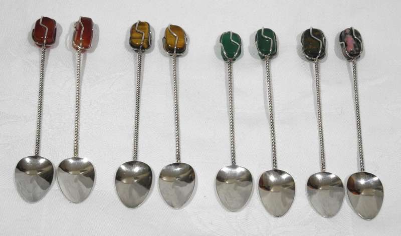 Silver Teaspoon Set With Polished Gemstone Handles
