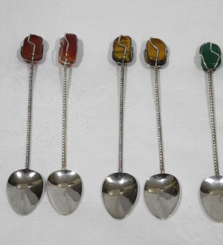 Silver Teaspoon Set With Polished Gemstone Handles