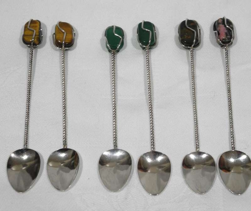 Silver Teaspoon Set With Polished Gemstone Handles