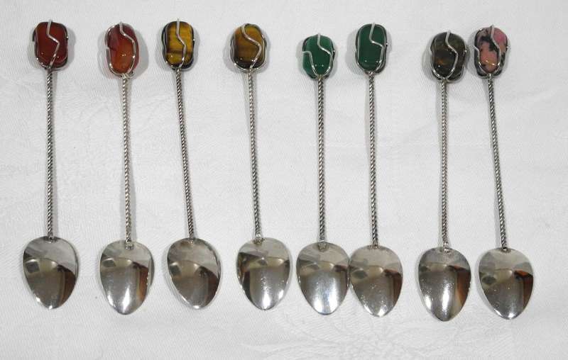 Silver Teaspoon Set With Polished Gemstone Handles