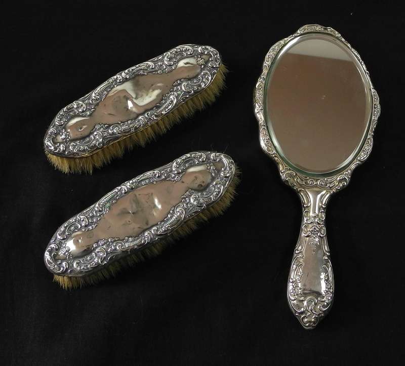Antique Hallmarked Sterling Silver 3-Piece Hand Mirror and Brush Set