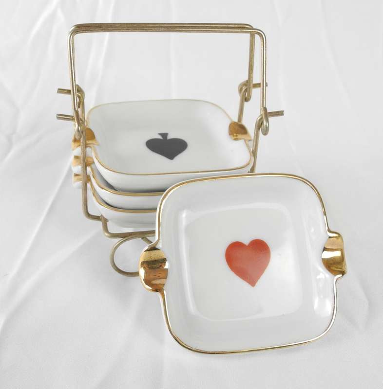 Vintage Porcelain Ashtray Set with Card Suit Motifs & Gold Trim
