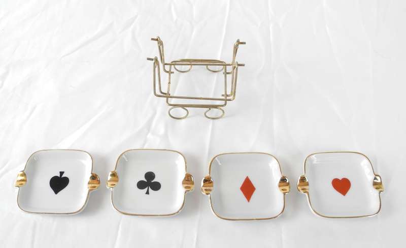 Vintage Porcelain Ashtray Set with Card Suit Motifs & Gold Trim