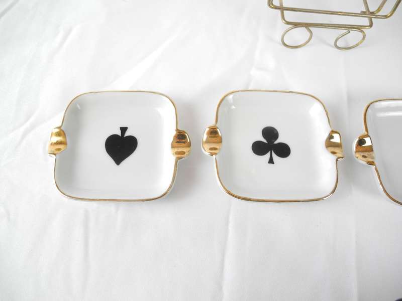 Vintage Porcelain Ashtray Set with Card Suit Motifs & Gold Trim