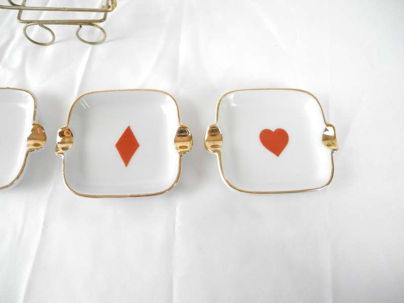 Vintage Porcelain Ashtray Set with Card Suit Motifs & Gold Trim