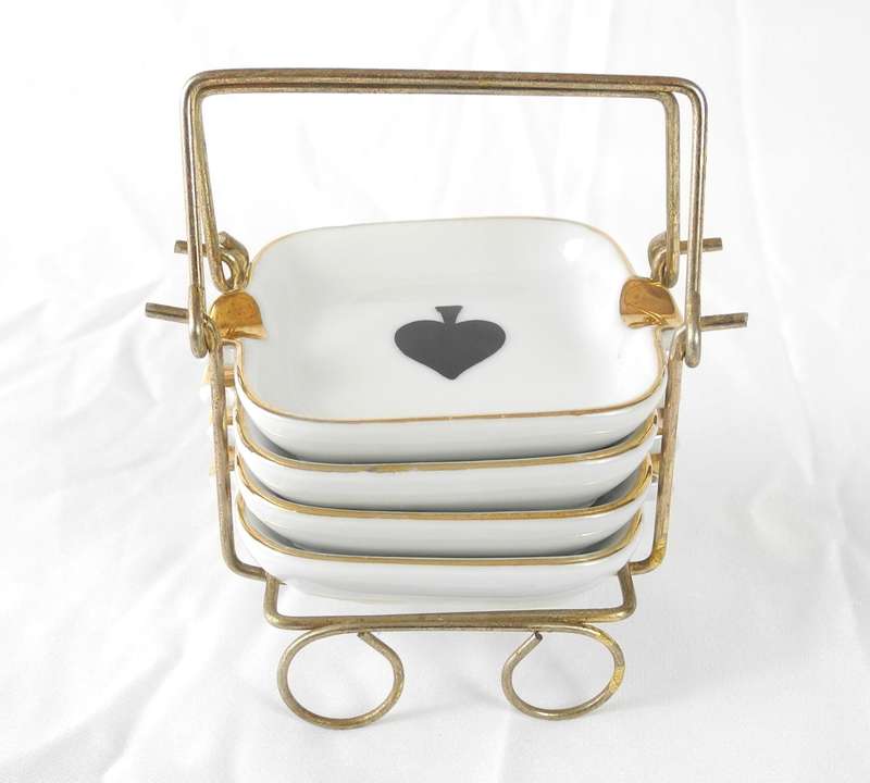 Vintage Porcelain Ashtray Set with Card Suit Motifs & Gold Trim