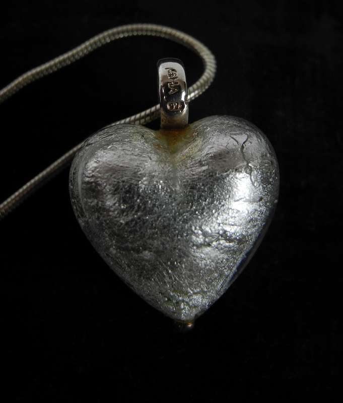 Vintage Sterling Silver, Foil and Glass Heart Pendant on Snake Chain with Matching Drop Earrings