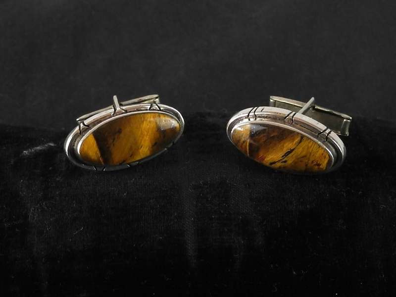 Vintage Sterling Silver and Tigers Eye Cufflinks