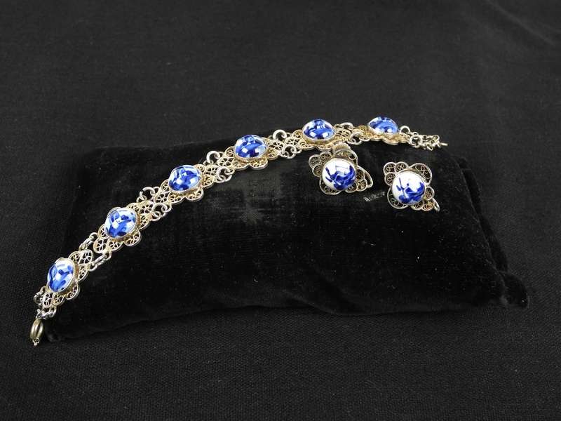 Vintage Delft Porcelain Silver Bracelet with Matching Earrings
