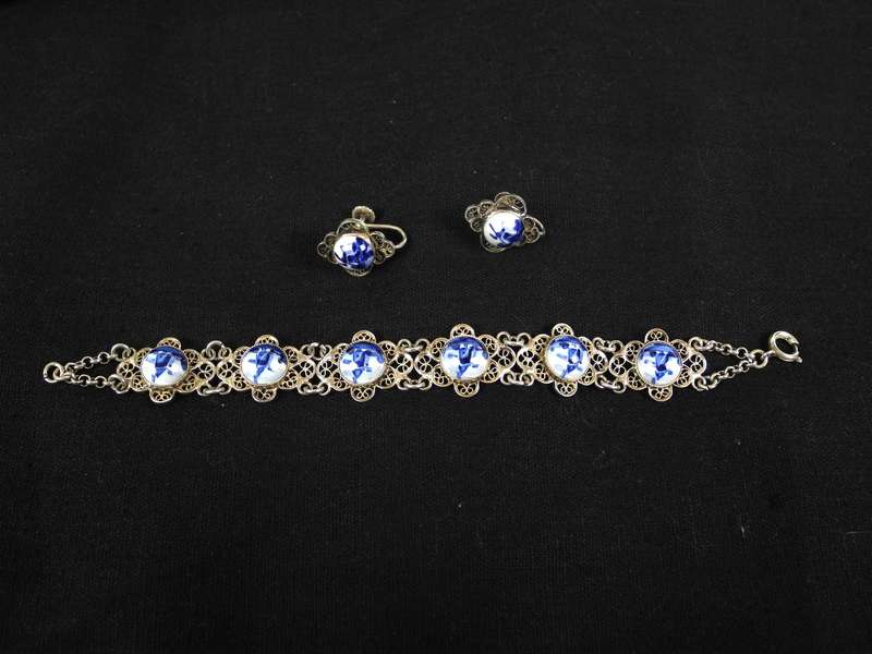 Vintage Delft Porcelain Silver Bracelet with Matching Earrings